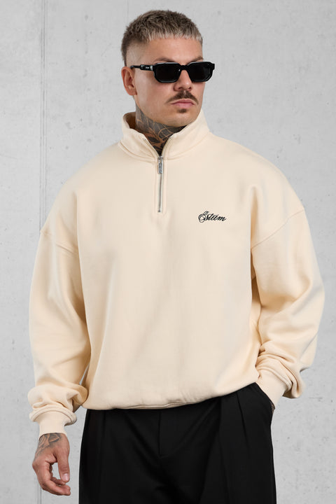 BEIGE SIGNATURE OVERSIZED HALFZIP SWEATER
