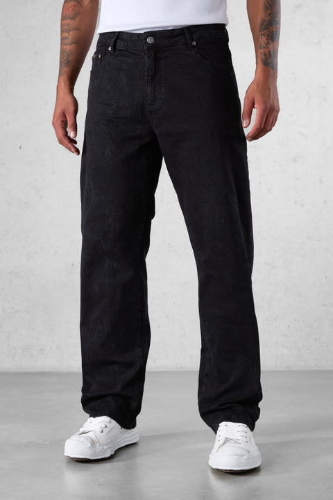 WASHED BLACK WRINKLED STRAIGHT JEANS
