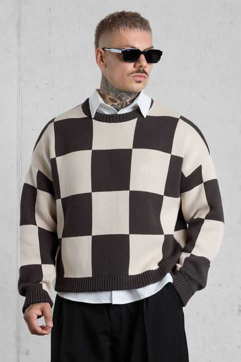 BROWN CHECKERED KNIT SWEATER