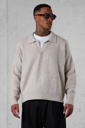 GREIGE OVERSIZED KNIT POLO SWEATER