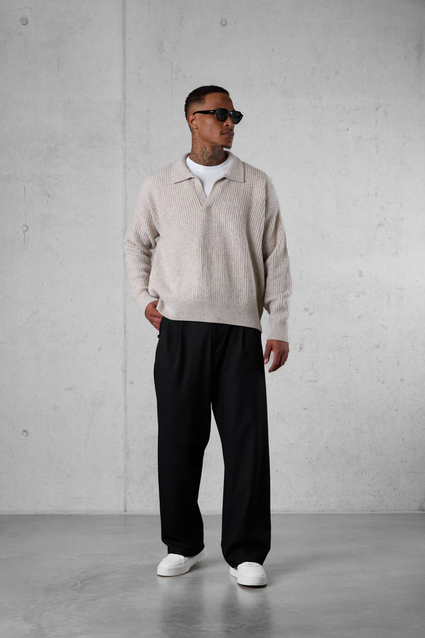 GREIGE OVERSIZED KNIT POLO SWEATER