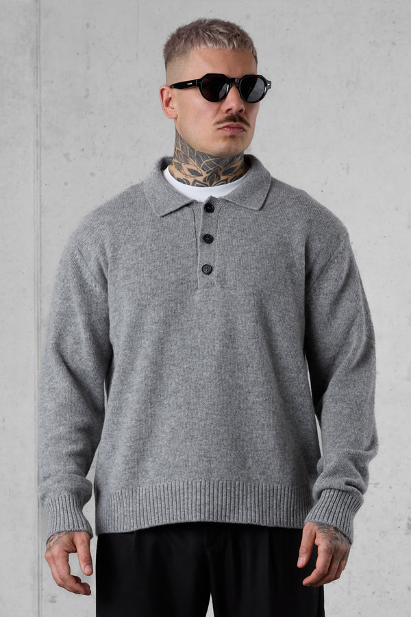 GREY KNIT POLO SWEATER