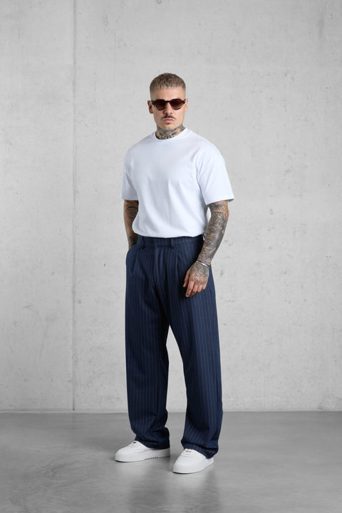 NAVY PINSTRIPE WIDE TAILORED PANTS