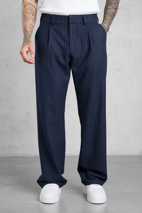 NAVY PINSTRIPE WIDE TAILORED PANTS