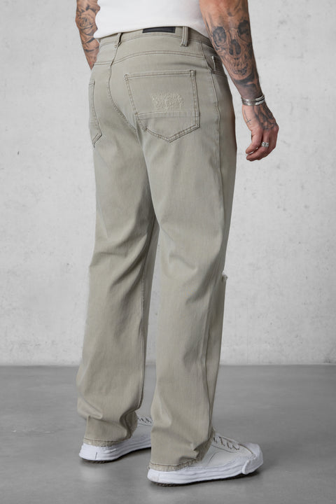 WASHED OLIVE DESTROYED STRAIGHT JEANS