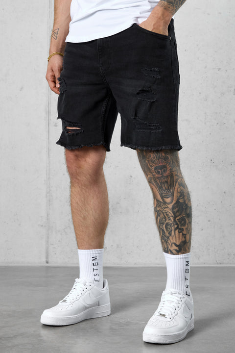 WASHED BLACK DESTROYED JEANSSHORTS